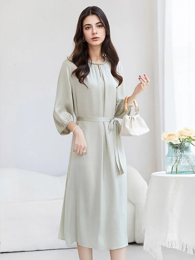 SuyaDream, Women Elegant Dresses, Real Silk, O Neck, 3/4 Sleeved, Black Mid Dress, 2026 Spring Summer Cloth