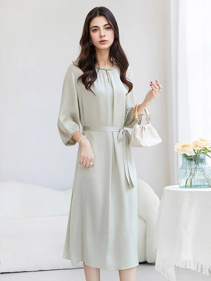 SuyaDream, Women Elegant Dresses, Real Silk, O Neck, 3/4 Sleeved, Black Mid Dress, 2026 Spring Summer Cloth
