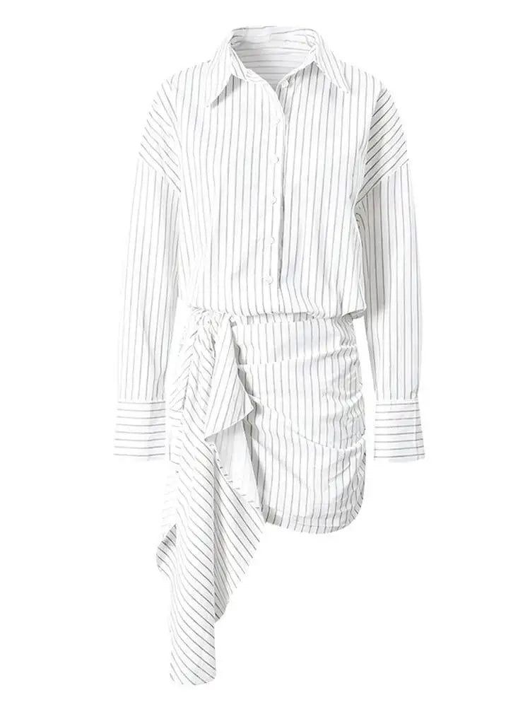 DEAT Fashion Striped Wrap Tie Waist Shirt Mini Dress Women's Lapel Asymmetric Ruched Hem Striped Bodycon Dresses Summer New