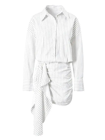 DEAT Fashion Striped Wrap Tie Waist Shirt Mini Dress Women's Lapel Asymmetric Ruched Hem Striped Bodycon Dresses Summer New