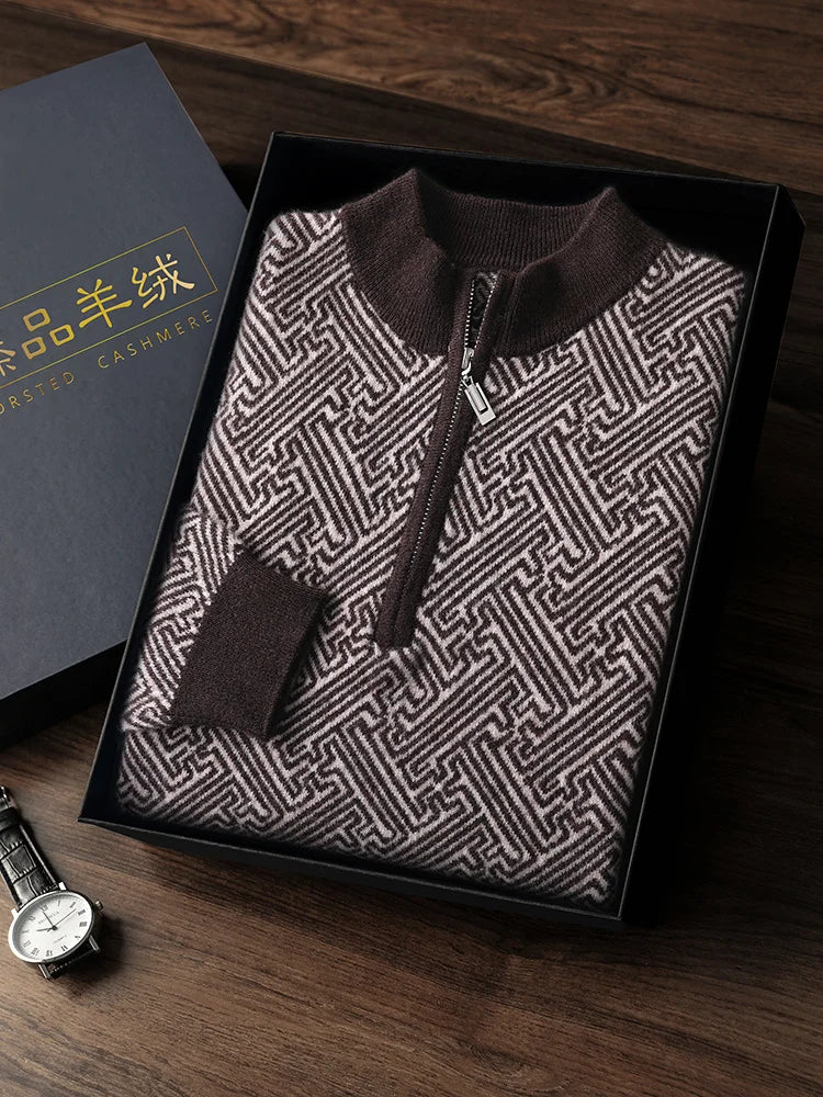 Men's 100% Merino Wool Jacquard Sweater Mock Collar Half Zip Thick Pullover Autumn Winter Cashmere Knitwear Long Sleeved Top