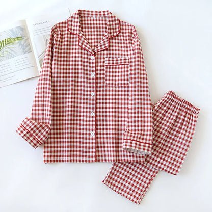 2026 Spring/Summer Couple Pajama Set 100% Cotton Double Layer Gauze Men's and Women's Japanese Plaid Set Long sleeved Home Fury