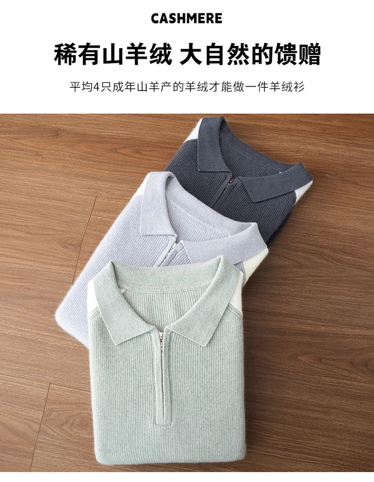 100% Cashmere Polo Sweater Autumn Winter Basic Smart Casual Long Sleeve Men's Pullover Cashmere Knitwear Soft Comfy Clothing Top