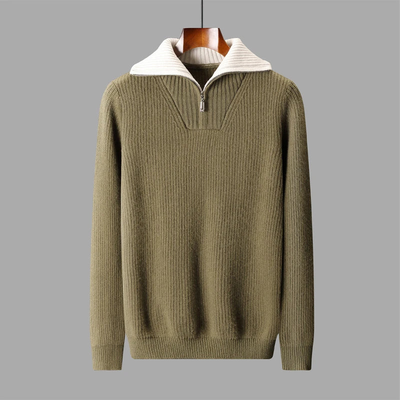 High Quality Men 100% Wool Sweater Turn Down Collar Zippers Pullover 2025 Autumn/Winter Thickened Soft Warm Knitwear Jumper Tops
