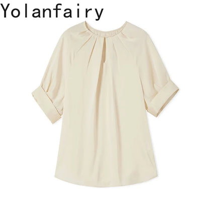 YOLANFAIRY 100% Real Mulberry Silk T Shirts for Women Summer 2026 Short Sleeve Tops O-neck Elegant Blouse Woman Tee Shirt Femme