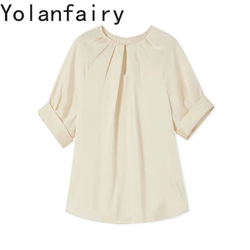 YOLANFAIRY 100% Real Mulberry Silk T Shirts for Women Summer 2026 Short Sleeve Tops O-neck Elegant Blouse Woman Tee Shirt Femme