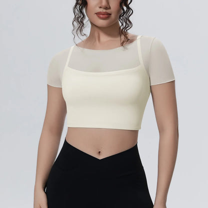 Hearuisavy Women's Mesh Short Sleeve Yoga Top With Padded Bra Fake Two Piece Gym Clothing Quick Dry Sports Crop Top Fitness Top