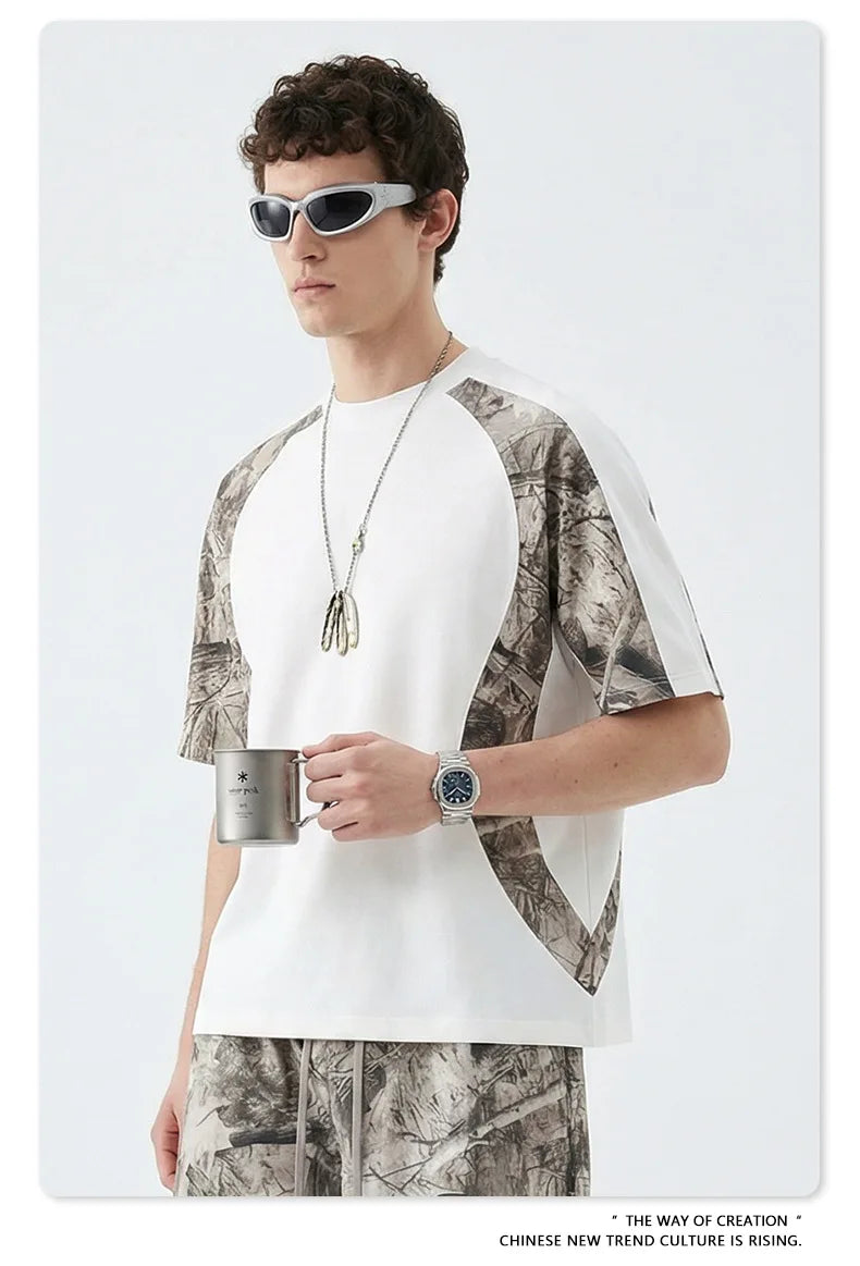 Custom LOGO men's summer camouflage splicing 240G quick-drying cotton polyester short-sleeved T-shirt loose sports shorts set