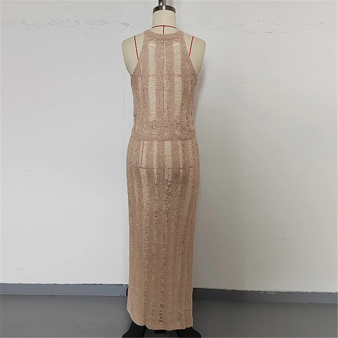 New Sleeveless Crochet Knitted 2 Pieces Suits Tunic Beach Cover Up Cover-ups Beach Dress Beach Wear Beachwear Female Women V6717