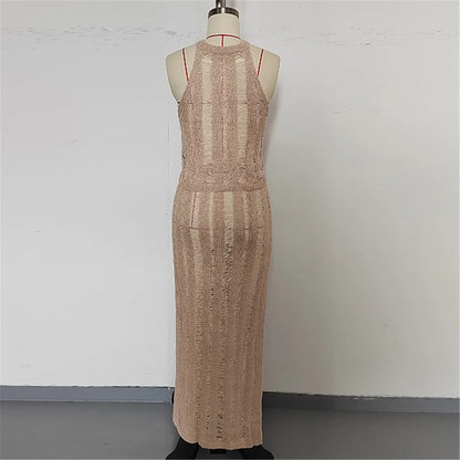New Sleeveless Crochet Knitted 2 Pieces Suits Tunic Beach Cover Up Cover-ups Beach Dress Beach Wear Beachwear Female Women V6717