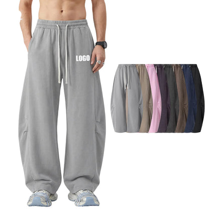 Custom LOGO Men's 320G retro fried snowflake 100% cotton high street scimitar straight tube old loose straight trousers