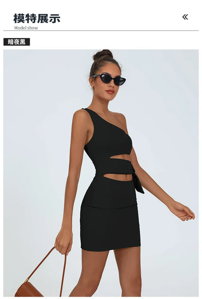 Tennis Dress Women Golf One Shoulder Hollow Out Bandage Slim Fit Fitness Tennis Short Skrit Badminton Dress One-Pieces Yoga Set