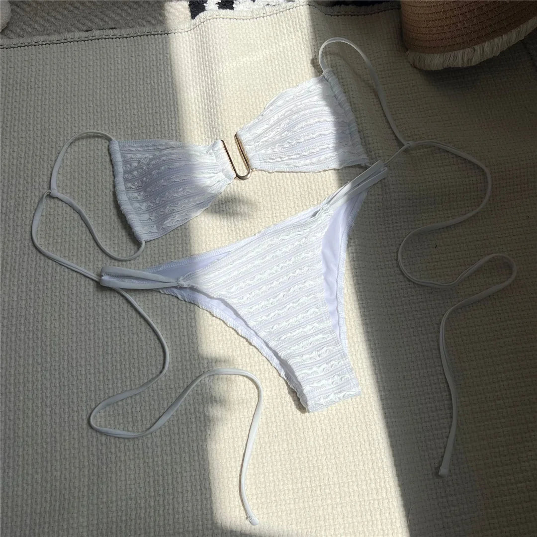 U Neck Wrinkled Crinkled Bikini Women Swimwear Female Swimsuit Two-pieces Bikini set High Cut Bather Bathing Suit Swim V5708B