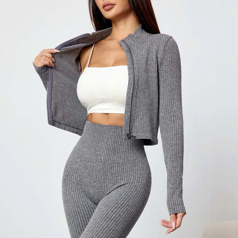 SOISOU 2 PCS Sport Running Sets Autumn Winter Women's Slim Yoga Outfit Long Sleeve Zip Jacket Flared Leggings Fitness Set