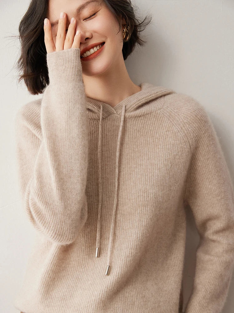 CHICUU Autumn Winter Women Hoodie Pullover Sweater 100% Cashmere Knitwear Soft Warm Casual Style Hooded Sweater Tops