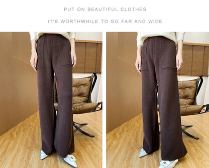 DjzDsm Women's Autumn Spring Knitted Floor-Length Wide Leg Pants 100% Merino Wool Long Trousers