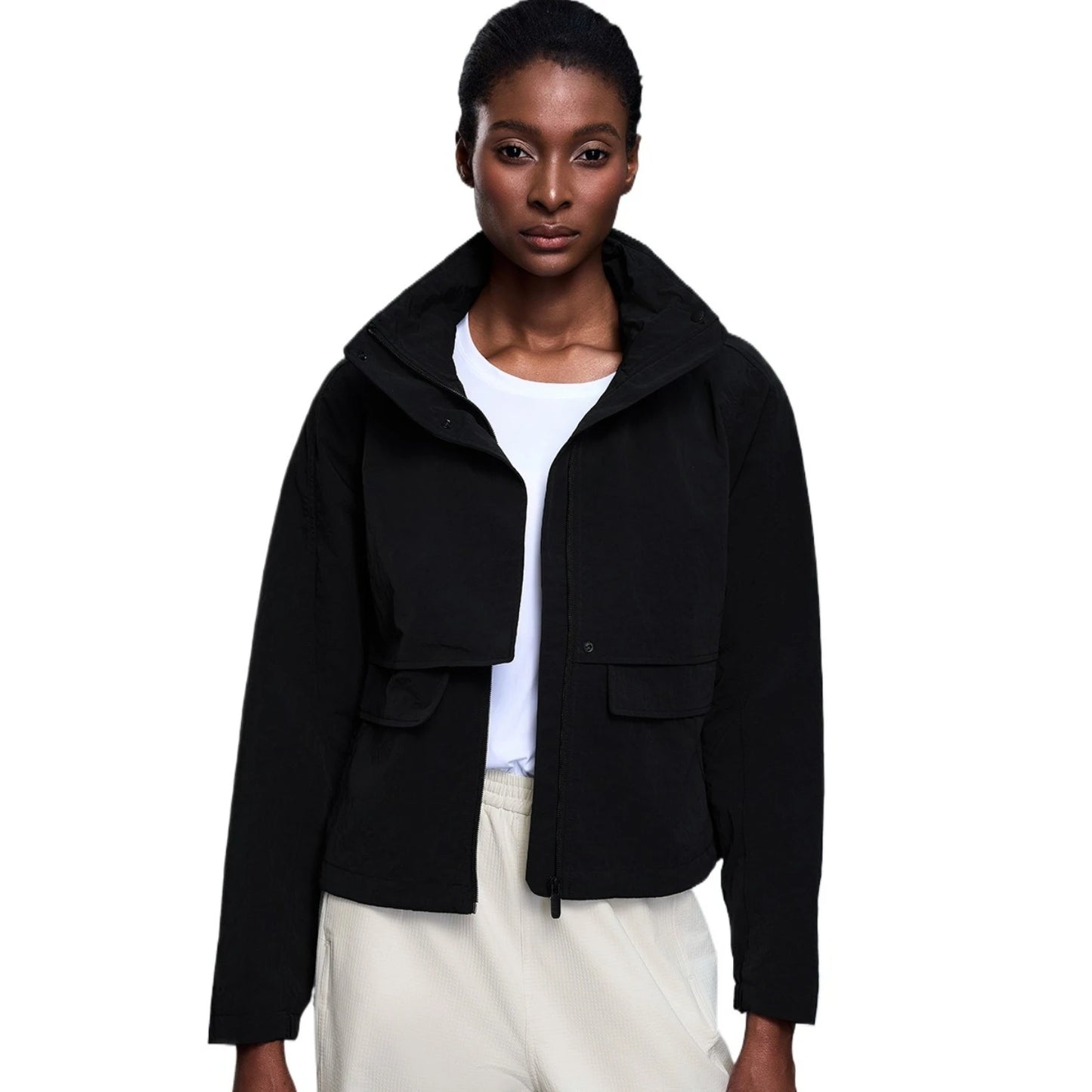 Custom LOGO women's autumn light and breathable waterproof trench coat stand-up collar hooded casual short pocket sports jacket