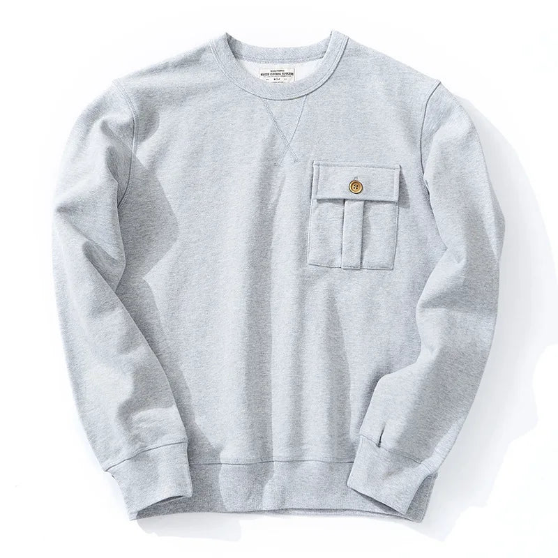 Men's Amekaji 490g Heavyweight French Terry Sweatshirt - Solid Color Crew Neck Pullover Kangaroo Pocket Thick Hoodie