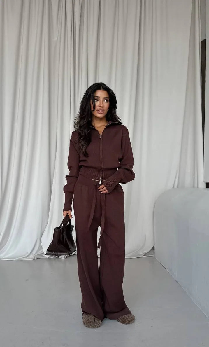 Women Cotton Knitted Cardigan Wide Leg Pants Suit Autumn and Winter Lady  Fashion Loose Daily Office Jacket Straight Pants 2Pcs