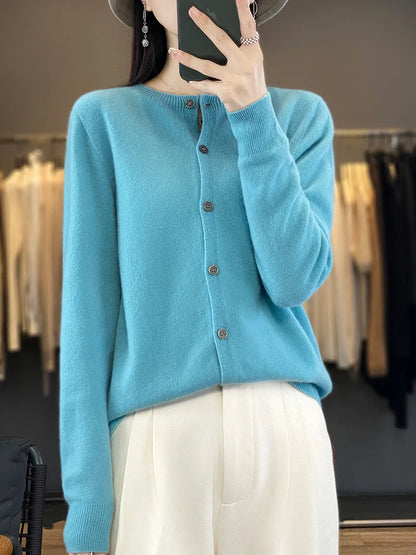 100% Merino Wool Sweater Women O-Neck Cardigan Basic Style  Buttoned Knitwear Female Casual Autumn Winter Soft Tops