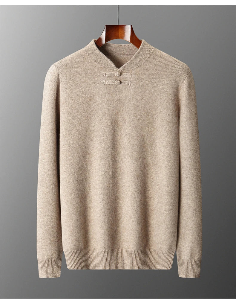New Chinese Style Men's Pullover 100% Pure Wool Knit Sweater Autumn Winter Retro Stand Collar Long Sleeve Fashion Cashmere Tops