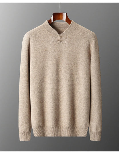 New Chinese Style Men's Pullover 100% Pure Wool Knit Sweater Autumn Winter Retro Stand Collar Long Sleeve Fashion Cashmere Tops