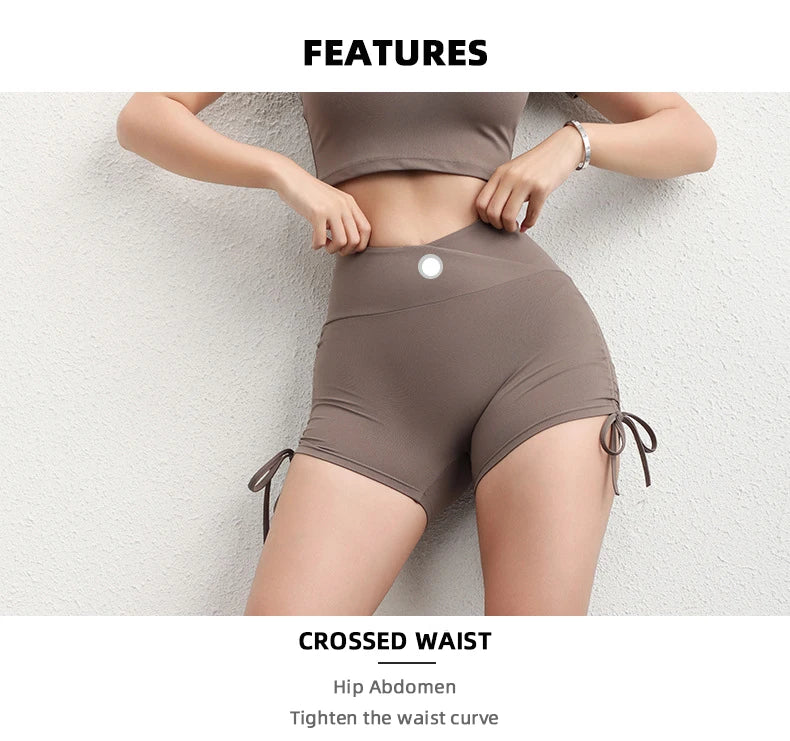 TRY TO BN Fitness Shorts Sports Women Drawstring Scrunch Workout High Waist Abdomen Tights Leggings Run Cycling Shorts Gym Wear