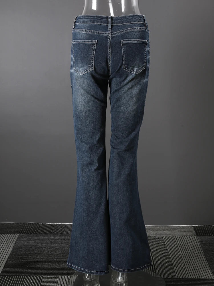 DEAT Fashion Flared Denim Jeans Women's Mid Rise Whiskered Wash Dark Blue Bootcut Jeans Summer New