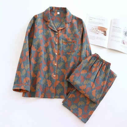 2026 new spring and summer women's pajamas suit long-sleeved trousers two-piece 100% cotton crepe flower leaves home clothes