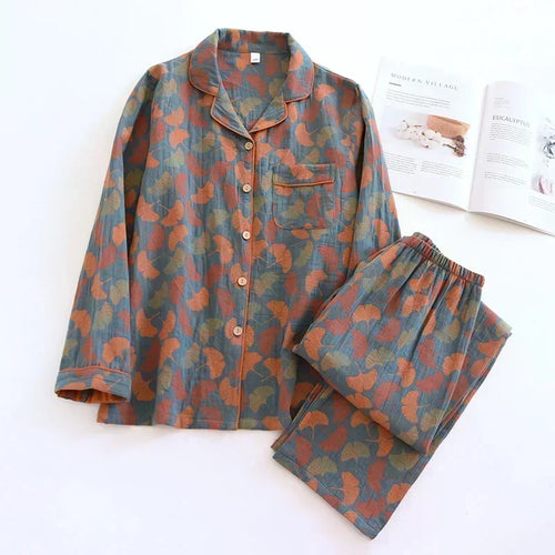 2026 new spring and summer women's pajamas suit long-sleeved trousers two-piece 100% cotton crepe flower leaves home clothes