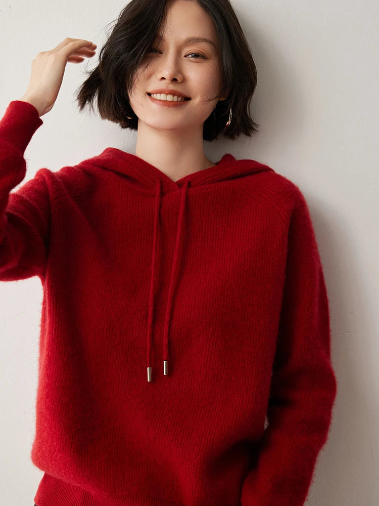 CHICUU Autumn Winter Women Hoodie Pullover Sweater 100% Cashmere Knitwear Soft Warm Casual Style Hooded Sweater Tops
