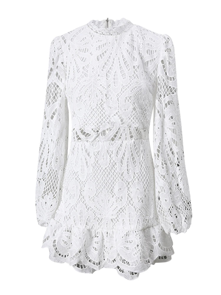 DEAT Fashion White Stand Collar Lantern Long Sleeve Water-soluble Lace Dress A-line Ruffle Hollow Party Mini Dresses Summer New
