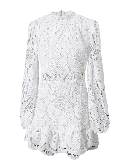 DEAT Fashion White Stand Collar Lantern Long Sleeve Water-soluble Lace Dress A-line Ruffle Hollow Party Mini Dresses Summer New