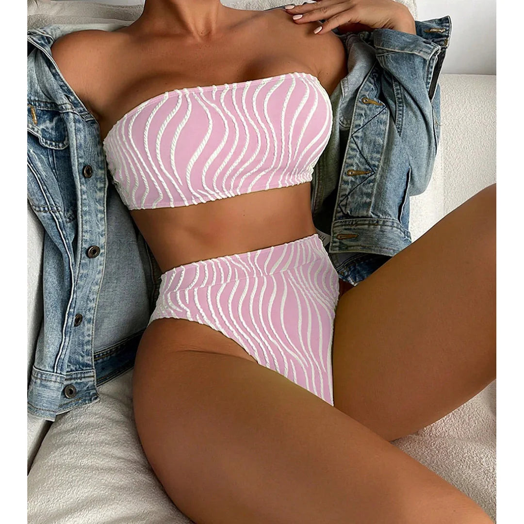 Sexy Wave Striped Bandeau High Waist Bikini Female Swimsuit Women Swimwear Two-pieces Bikini set Bather Bathing Suit Swim V5445