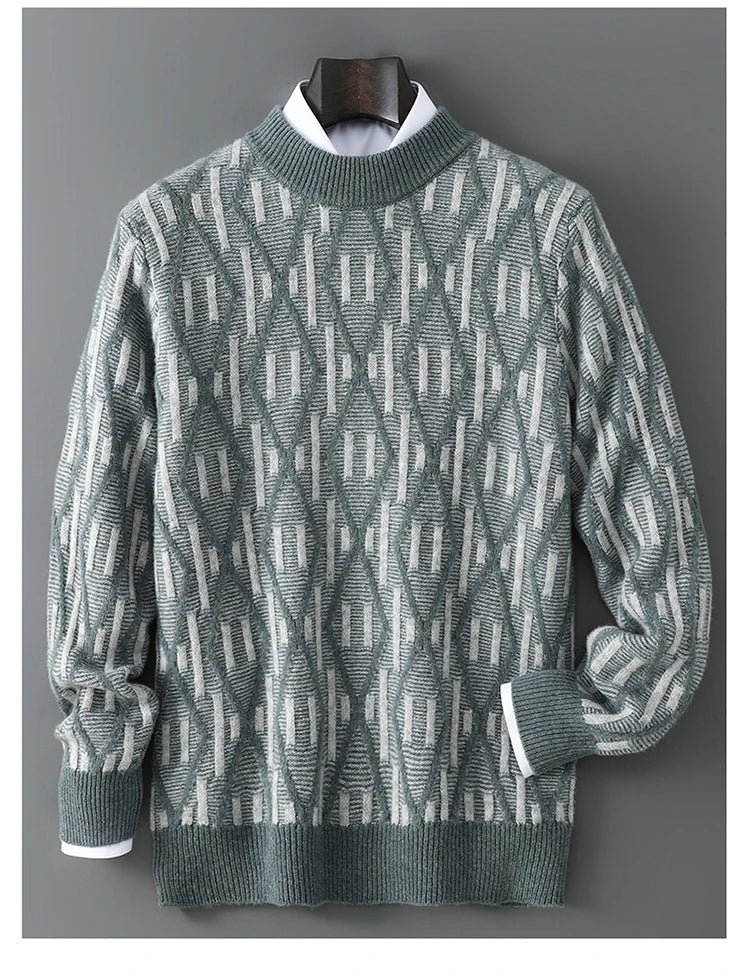 New 100% Pure Wool Cashmere Men's Mock-Neck Pullover Autumn And Winter Color Matching Top Casual Thick Fashion Large Size Jacket
