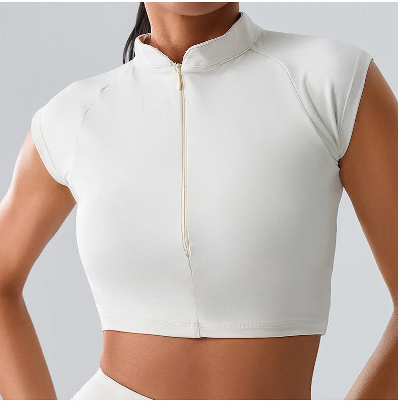 Zipper Sports Crop Top Women Short Sleeve Yoga Top Shirts Light Weight Gym Push Up Top Sports Shirt Running Workout Crop Tops