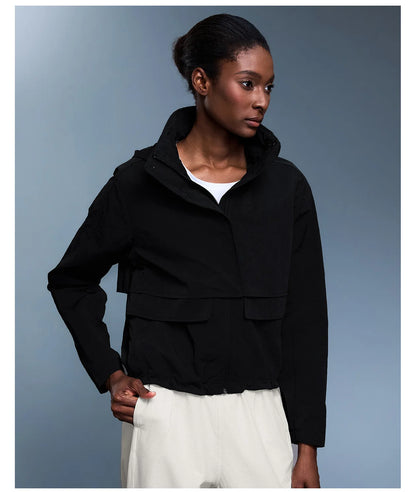 Custom LOGO women's autumn light and breathable waterproof trench coat stand-up collar hooded casual short pocket sports jacket