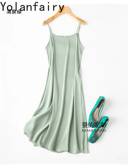 YOLANFAIRY 19momme 93% Mulberry Silk Spaghetti Strap Dress for Women Elegant Mid-length Sexy Real Silk Summer Dresses Woman 원피스