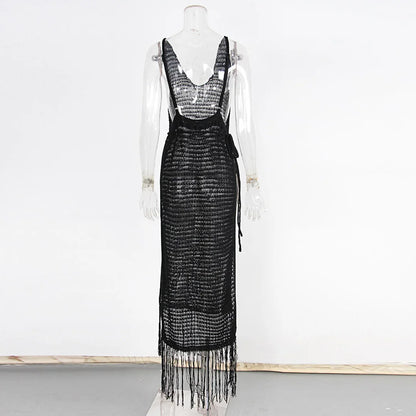 New Sexy S - XL Fringe Tassel Knitted Crochet Tunic Beach Cover Up Cover-ups Beach Dress Beach Wear Beachwear Female Women V3791