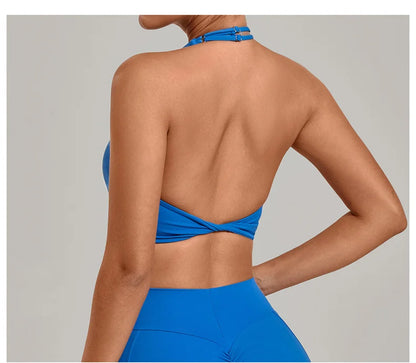 TRY TO BN Yoga Sports Bra Women's Zipper Halter Neck Naked Feeling Backless Underwear Fitness Tops Workout Running Gym Clothing