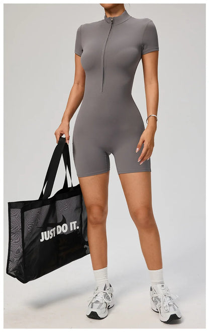 TRY TO BN Sports Jumpsuit Zipper Short Sleeves Yoga Sportswear Fitness Workout Bodysuit One Piece Suits Tights Gym Woman Clothes