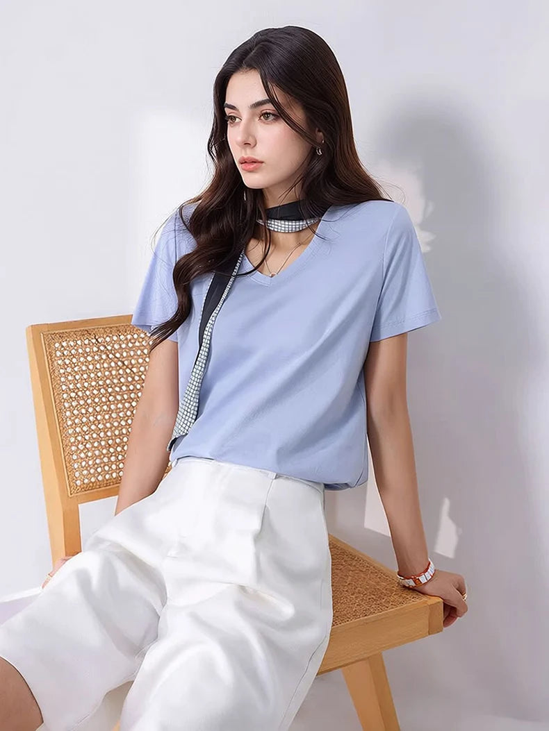 SuyaDream Women Solid T shirts, Silk Cotton Blend, O Neck, Short Sleeved Solid Tee,2025 Summer Candy Colors Basic Cozy Top Green