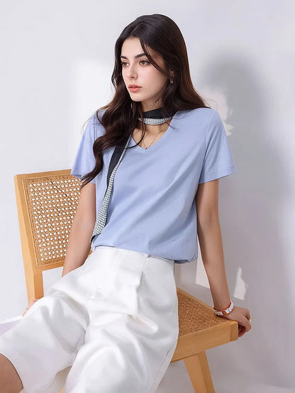 SuyaDream Women Solid T shirts, Silk Cotton Blend, O Neck, Short Sleeved Solid Tee,2025 Summer Candy Colors Basic Cozy Top Green