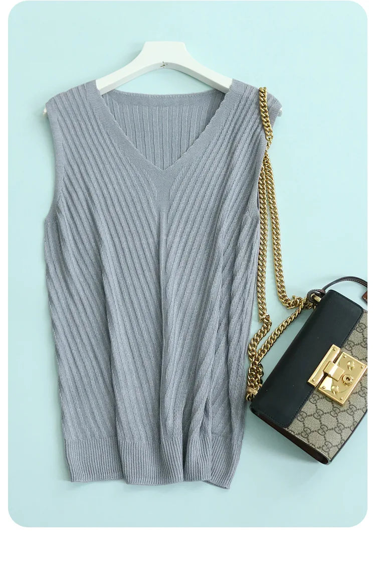 SuyaDream. Women Knitted Tanks, 45%Silk 55%Lyocell, V neck, Sleeveless Chic T Shirt, 2025 Solid Summer Vests