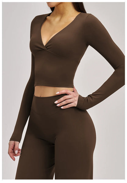 Deep-V Yoga Long Sleeve Solid Sports T-shirts Women's Gym Workout Shirts Sexy Quick Dry Fitness Long Sleeve Female Yoga Shirts