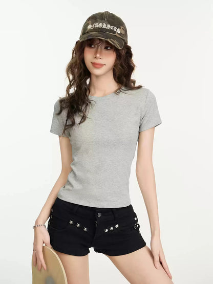 Custom LOGO DIY Women's Short Sleeve Solid Slim Fit Crew Neck Tee Basic Skinny Ribbed Tight Athletic Casual Workout Yoga Tshirt