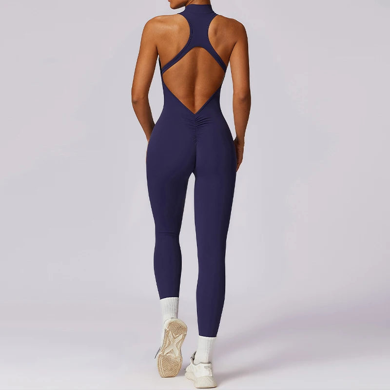 Summer V Back One-piece Suit Women Sports Jumpsuit Zippers Yoga Rompers Backless Sportswear Women Sleeveles Workout Bodysuits