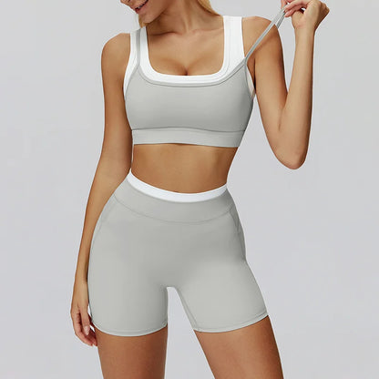 TRY TO BN Yoga Shorts Sets Women's Tracksuit Two Fake Pieces Sports Ribbed Contrasting Color Workout Running Fitness Gym Clothes