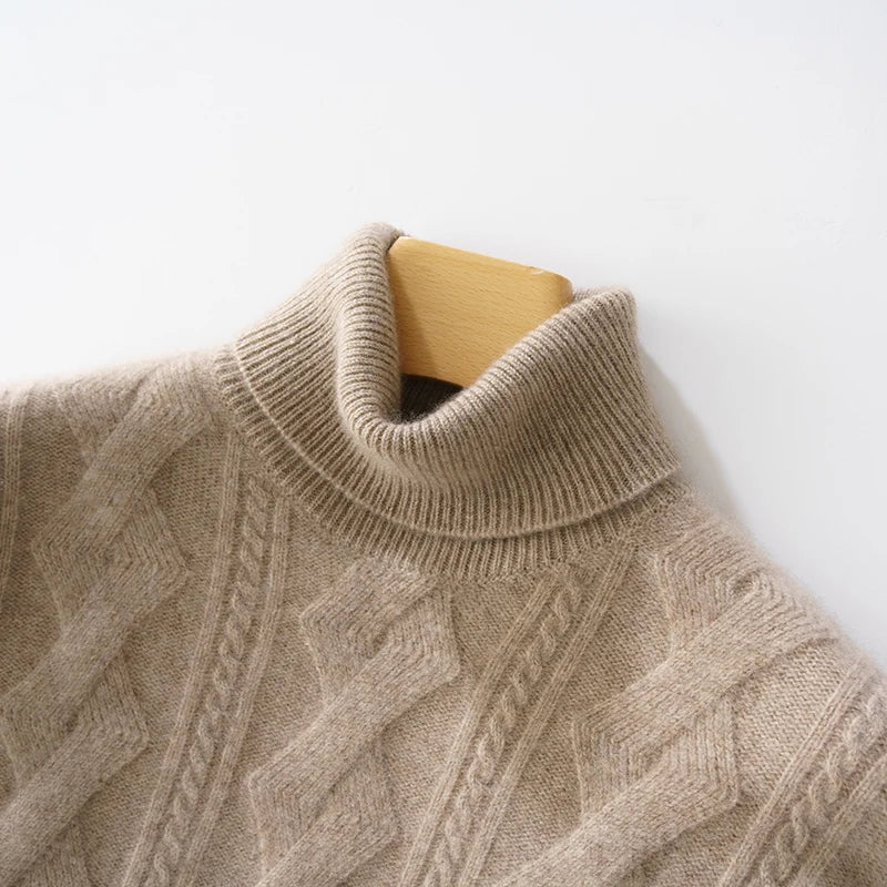 100% Merino Wool Solid Color Turtleneck Cable-Knit Sweater Long Sleeves Pullover Cashmere Men Soft Comfortable Warm Clothing Top