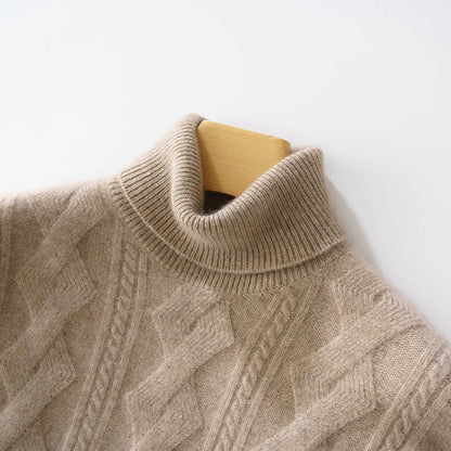 100% Merino Wool Solid Color Turtleneck Cable-Knit Sweater Long Sleeves Pullover Cashmere Men Soft Comfortable Warm Clothing Top